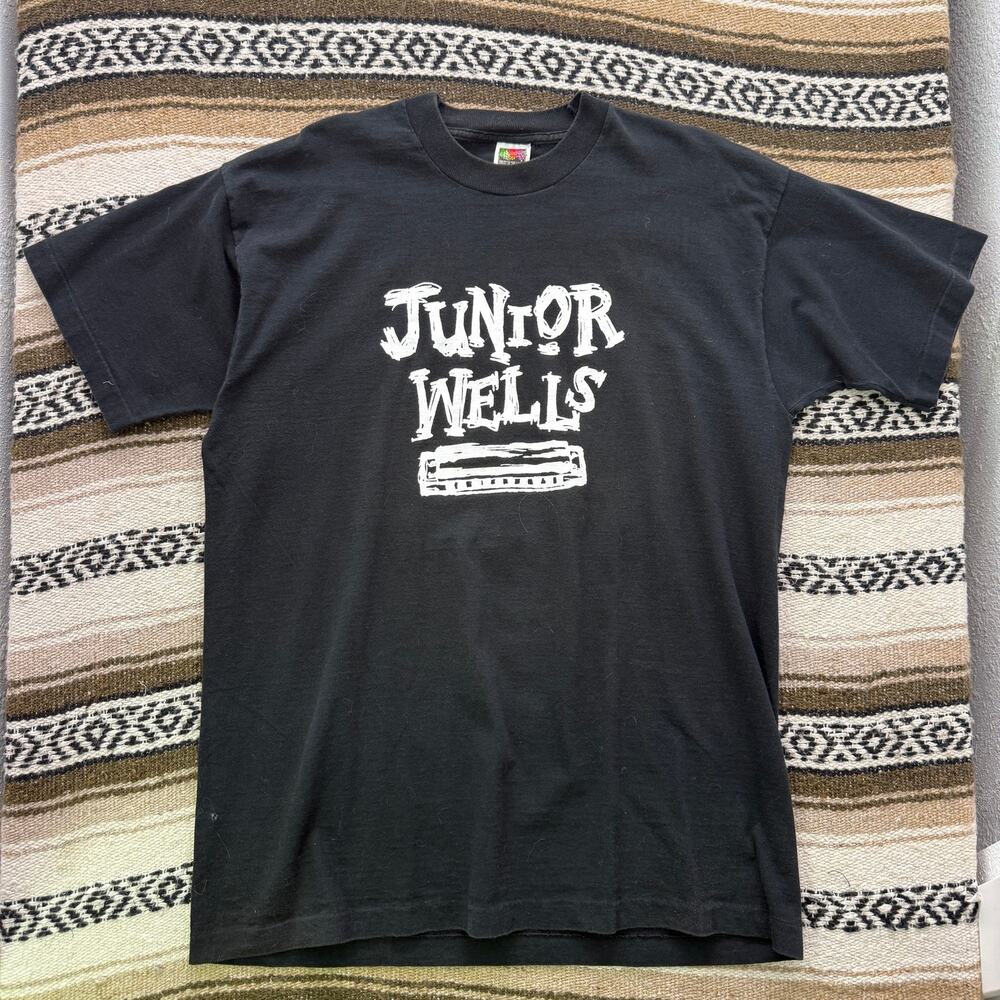 Men's Vintage 90's Junior Wells Blues Singer Harmonica Black Tee Shirt Sz XL VTG